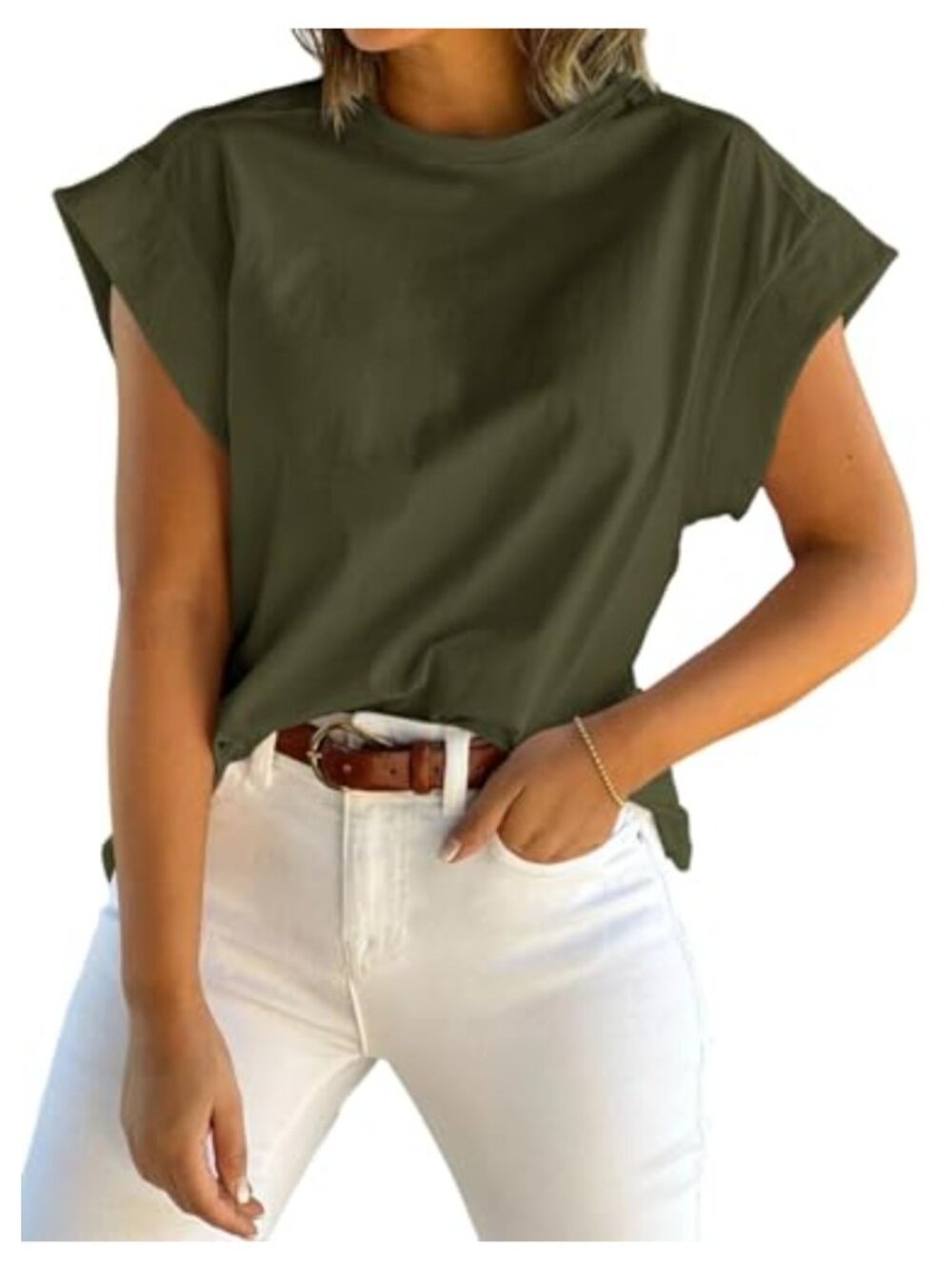 Womens Cap Sleeve Tank Top Crew Neck Loose Fit Casual Basic Tee